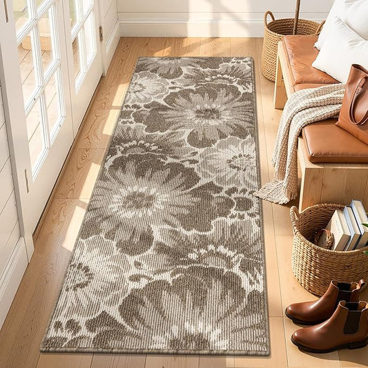 Findosom Hallway Runner Rug 2x6, Non Slip High-Low Textured Floral Washable Runner Rug with Rubber Backing, Boho Carpet Runner for Kitchen, Entryway, Bedroom, Laundry, Brown