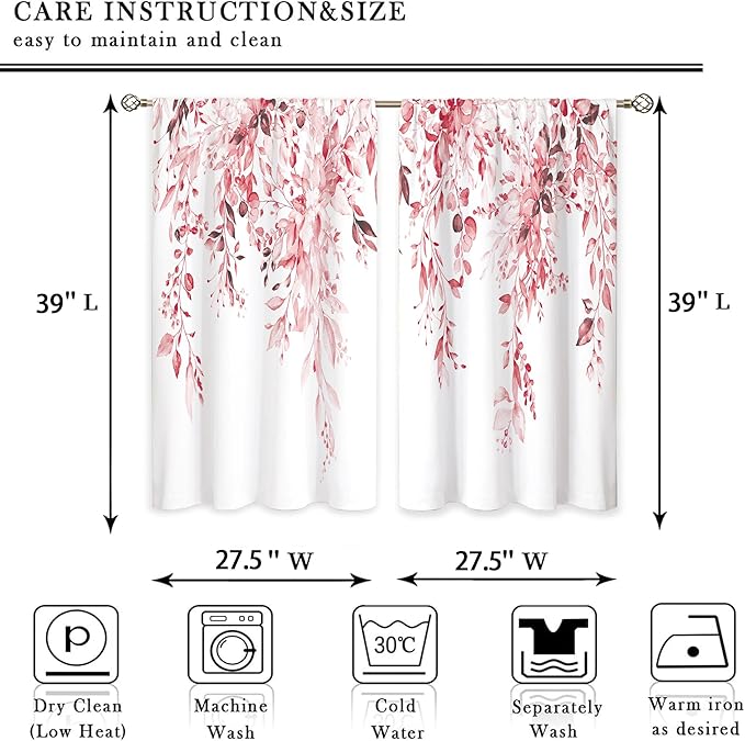 Pink Eucalyptus Botanical Leaves Floral Kitchen Window Curtains Over Sink Farmhouse Flower Leaf Small Window Treatment Cafe Short Curtains for Bathroom Treatment Tier Drapes 27.5x39 inch