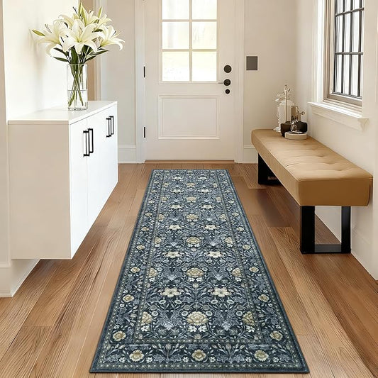 GarveeHome Washable Runner Rug 2x6, Non Slip Floral Kitchen Runner for Hallway Entryway Laundry Bathroom Mat Farmhouse Thin Stain Resistant Carpet for Bedroom Beside Rug