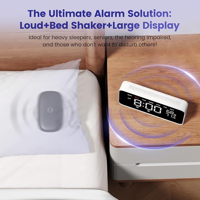 Dekala Bed Shaker Loud Alarm Clock for Heavy Sleepers Adults, Vibrating Dual Alarm Clocks for Bedrooms, Large Display Auto Dimmer,Temperature & Humidity Detect, 7-Day Programmable, Ideal Gift - Image 2