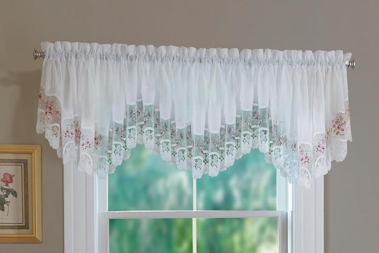 Today's Curtain, Vintage Macramé Organza Crescent 18", White/Rose, 58" W x 18" L