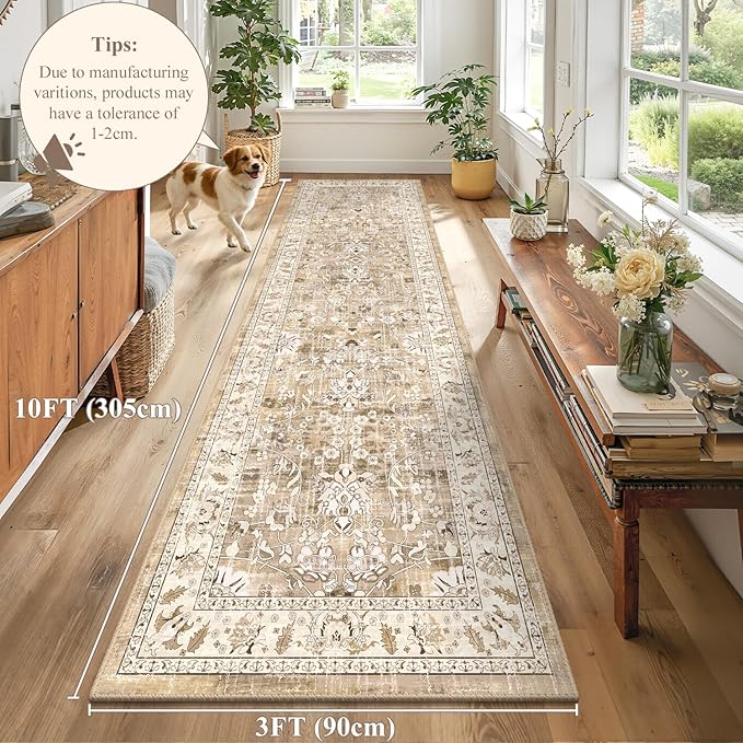 LOKHOM Washable Runner Rug, 3x10 Non-Slip Vintage Kitchen Runner Rug with Rubber Backing, Boho Floral Soft Faux Wool Hallway Rug Carpet Runner for Laundry Entryway Bedroom (Beige Brown)