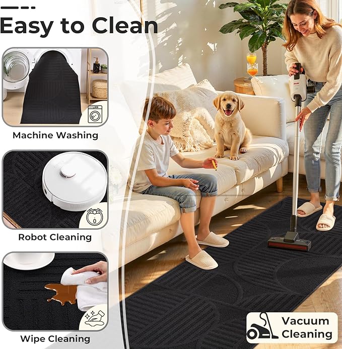 Findosom Washable Runner Rug 2x8, Geometric High-Low Textured Non Slip Hallway Runner Rug with Rubber Backing, Boho Carpet Runner for Kitchen, Bedroom, Laundry, Entryway, Bathroom, Black