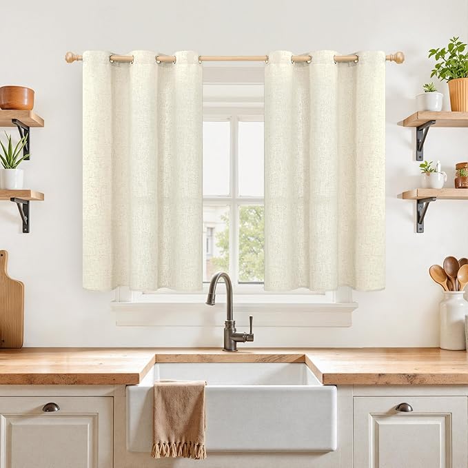 YoungsTex Beige Linen Kitchen Window Curtains, Short Light Filtering Drapes with Grommet Rustic Style for Cafe Bathroom Windows, 42 X 40 Inch, 2 Panels