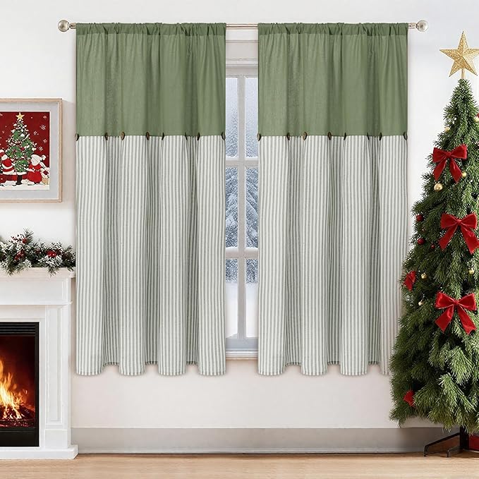ASPMIZ Farmhouse Living Room Curtains Boho, Country Linen Curtains with Rustic Buttons, Rod Pocket & Back Tab Green Striped Curtain for Bedroom Window Curtain, Home Decor, 52 x 63 Inch, 2 Panels