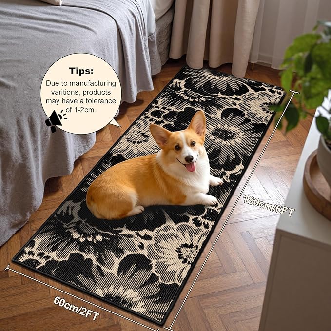 Findosom Hallway Runner Rug 2x6, Non Slip High-Low Textured Floral Washable Runner Rug with Rubber Backing, Boho Carpet Runner for Kitchen, Entryway, Bedroom, Laundry, Black & Beige