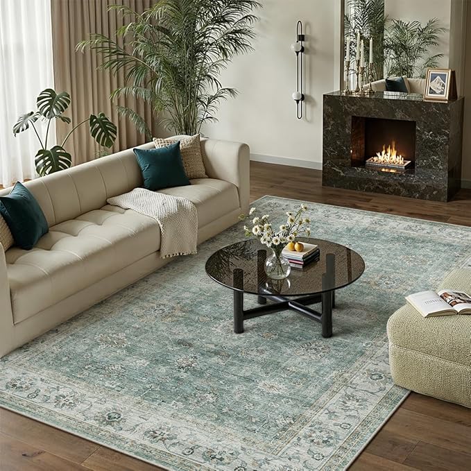 9x12 Vintage Area Rug for Living Room Bedroom Teal Blue Large Distressed Rustic Carpet Non-Slip Low Pile Soft Washable Throw Rug for Indoor Dining Room