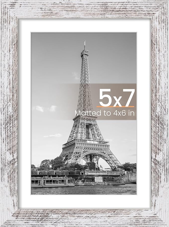upsimples 5x7 Picture Frame, Display Pictures 4x6 with Mat or 5 x 7 Without, Wall Hanging Photo Frames, Rustic White, 1 Pack