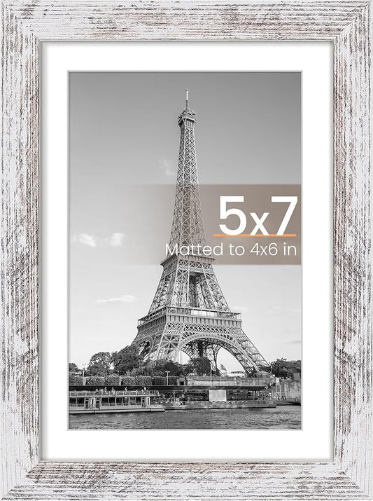 upsimples 5x7 Picture Frame, Display Pictures 4x6 with Mat or 5 x 7 Without, Wall Hanging Photo Frames, Rustic White, 1 Pack