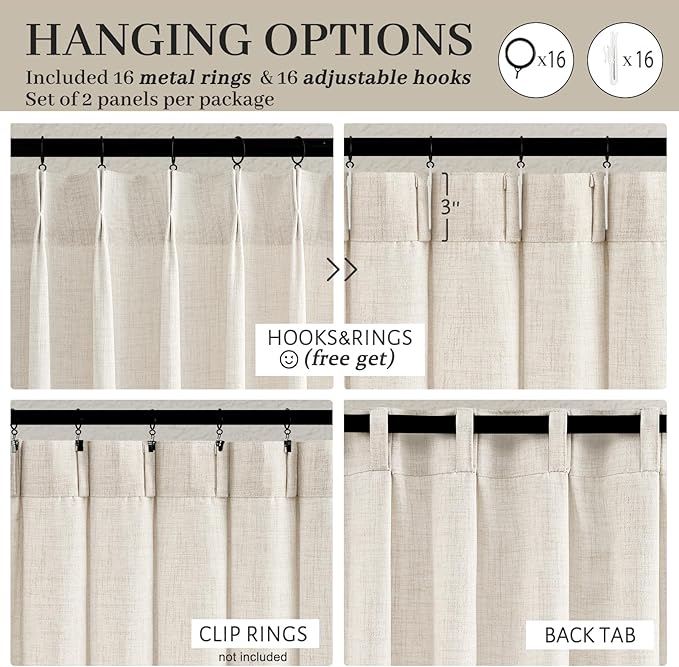 Custom Extra Long 104 Inch Floor to Ceiling Curtains for Room Divider, Memory Trained Pinch Pleated Light Filtering Linen Blend Sheer Curtain Beige White Neutral Drapes 2 Panels Set for Large Windows