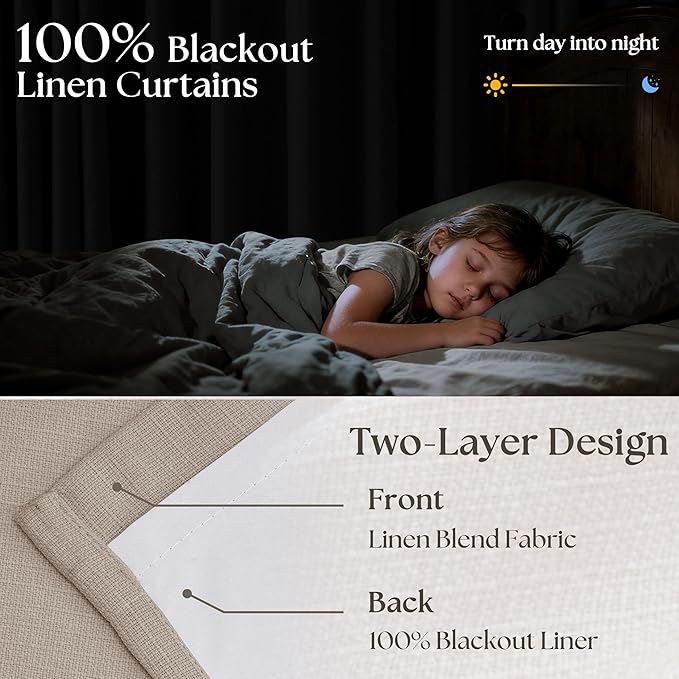 Burlywood Birch Linen Pinch Pleated Blackout Curtains 84 Inches Long for Bedroom Living Room Darkening 100% Black Out Pinch Pleat Drapes with Liner Farmhouse Neutral 84 Inch Curtain for Dining Room