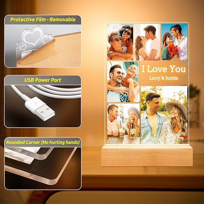Custom Picture Frames with Photo, Personalized Photo Frame with Night Light, Customized Picture Frame, Personalized Anniversary Birthday Gifts for Women Men Her Him Girlfriend Boyfriend Couple