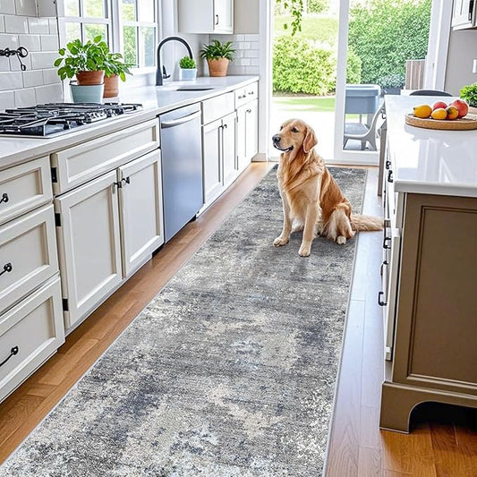 3x16 ft Non-Slip Hallway Runner Rug – Washable Rubber Backed Large Carpet Runner for Hall, Kitchen Floor, Entryway, Bedroom, Living Room – Abstract Modern Neutral Low-Pile Thin (Blue Grey, 3x16)