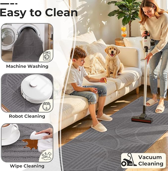 Findosom Washable Runner Rug 2x6, Geometric High-Low Textured Non Slip Hallway Runner Rug with Rubber Backing, Boho Carpet Runner for Kitchen, Bedroom, Laundry, Entryway, Bathroom, Gray