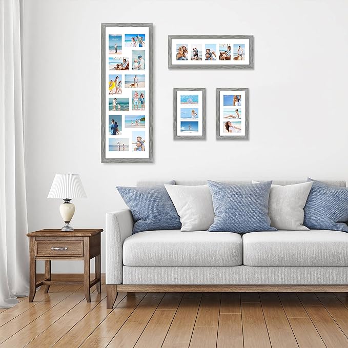8x20 Picture Frame Set of 2, Rustic Gray Wood Frame with Tempered Glass Collage Frame, Display Pictures Four 4x6 With Mat or 8 x 20 Without Mat - Horizontal or Vertical Wall Mounting