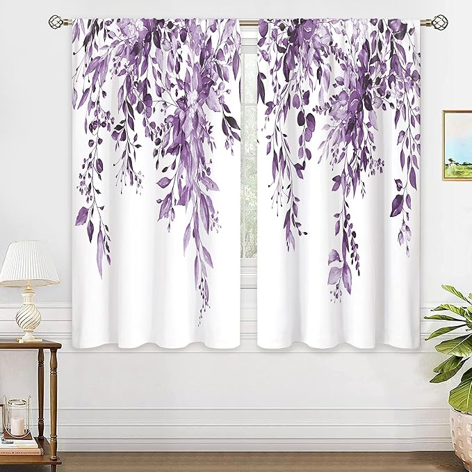 Purple Eucalyptus Botanical Leaves Floral Window Curtains Watercolor Flower Plant Wildflower Farmhouse Rustic Curtain Drapes Herb Curtains for Bedroom Living Room Treatment 42Wx45H Inch
