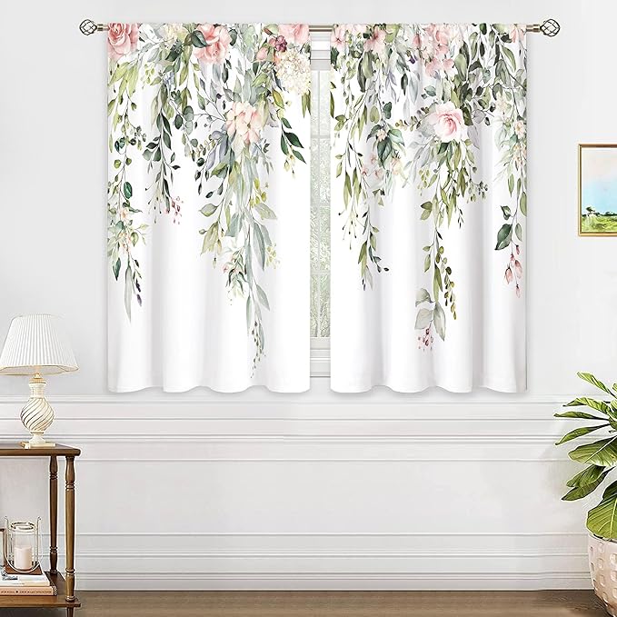 Eucalyptus Botanical Leaves Pink Rose Floral Kitchen Window Curtains Flower Plant Leaf Small Window Treatment Sage Green Cafe Short Curtains for Bathroom Treatment Tier Drapes 42x45 inch