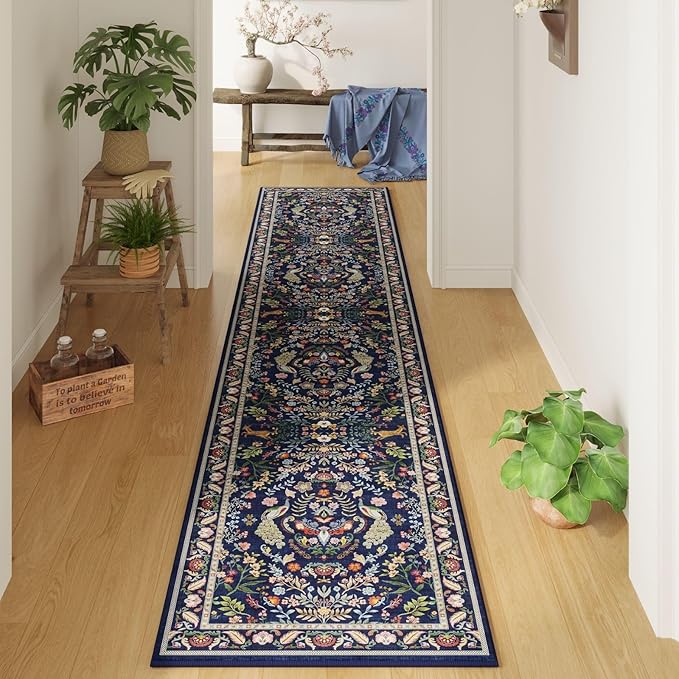 Rugcomf 2'7"x12' Kitchen Runner - Floral Washable Long Hallway Runner Rug Non Slip, Boho Carpet for Entryway, Hall, Bathroom - Blue