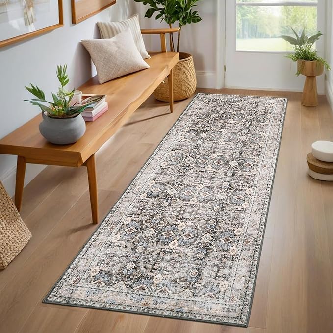 GarveeHome Runner Rug 2x6 Washable Vintage Floral Bathroom Rugs, Non Slip Low Pile Oriental Accent Carpet, Foldable Retro Runners for Hallways, Entryway, Laundry, Kitchen, Beige Brown
