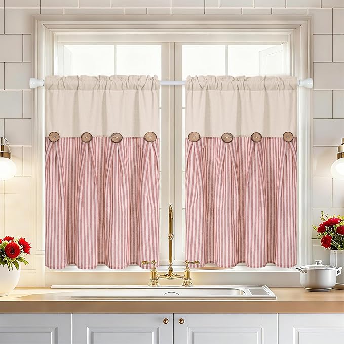 ASPMIZ Boho Linen Kitchen Curtains 36 Inch Length, Farmhouse Kitchen Window Curtain Over Sink, Orange Stripe Short Curtains for Small Windows, Bathroom, Rod Pocket Window Treatment Tiers with Button