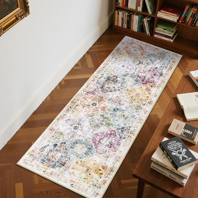 Ileading Washable Hallway Runner Rugs, 2x6 Non Slip Runners Area Rug for Entryway Kitchen Bathroom Bedroom Laundry Living Room, Long Narrow Low-Pile Floor Carpet Boho Vintage Throw Mat for Kids Room