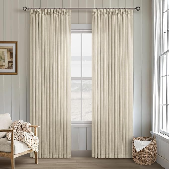 TWODRAPES Neutral Linen Pinch Pleated Curtains Long 2 Panels Living Room Bedroom Memory Training Shaped Semi Sheer Beige Oatmeal Pleat Drapes with Hooks Rings Light Filtering Window Curtain 40x84