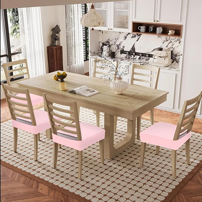 Smiry Waterproof Seat Covers for Dining Room Chairs Set of 8, Stretch Jacquard Removable Washable Chair Seat Slipcovers Protector, No Rear Covers, Blush Pink