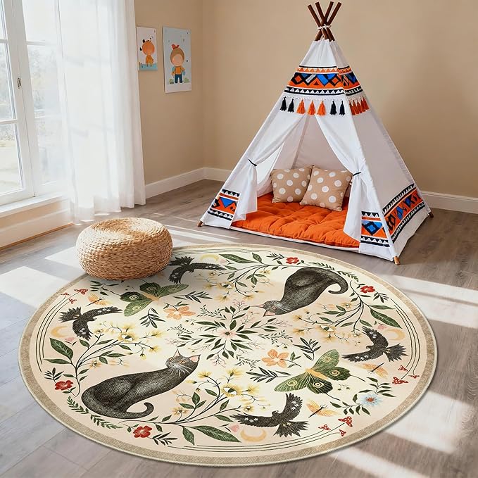 GarveeHome Round Area Rugs 5ft for Bedroom, Cat Beige Washable Circle Rug Soft Non Slip Mushroom Floral Floor Mat Carpet Indoor Thin Rug for Bedroom Dining Room Playroom Nursery Gothic Decor