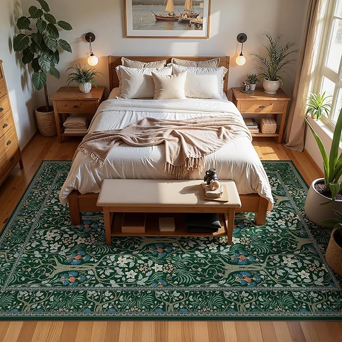 Joydeco Floral Washable 6x9 Area Rugs, Soft Vintage Rug for Bedroom Living Room Ultra-Thin Non Slip, Boho Stain Resistant Indoor Floor Throw Carpet for Home Office, Dark Green