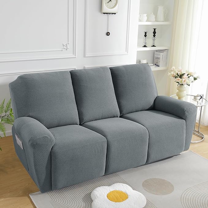 JIVINER 8-Piece Recliner Sofa Covers Stretch Jacquard Couch Covers for Recliner Slipcovers for Living Room 3 Cushion Soft Recliner Protector with Pocket (Sofa Recliner, Light Gray)