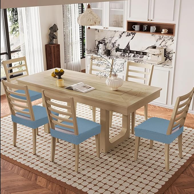 Smiry Waterproof Seat Covers for Dining Room Chairs Set of 6, Stretch Jacquard Removable Washable Chair Seat Slipcovers Protector, No Rear Covers, Airy Blue