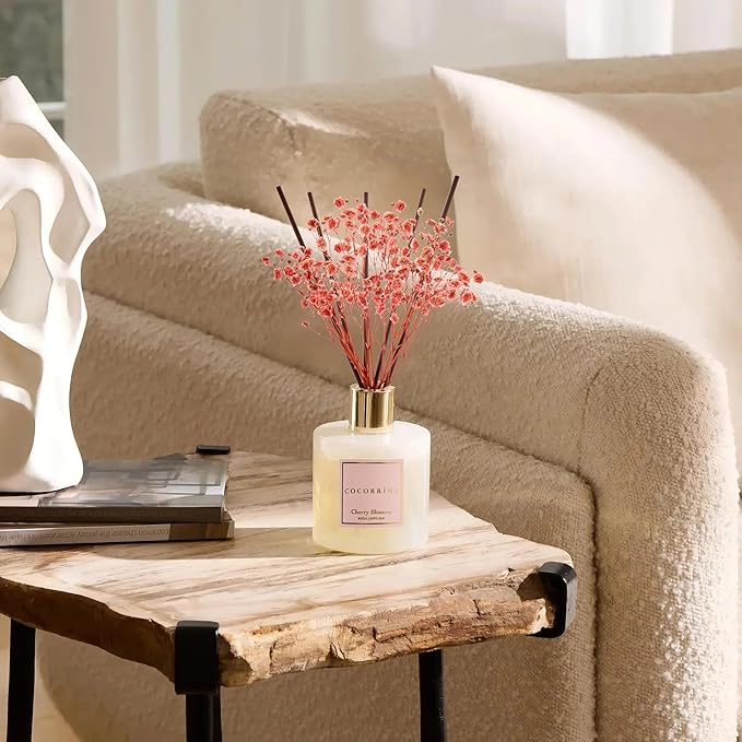 COCORR??NA Reed Diffuser - Cherry Blossom 6.7 Fl.oz Reed Diffuser Set with Sticks & Preserved Baby's Breath, Reed Diffuser for Home Bathroom Shelf Decor