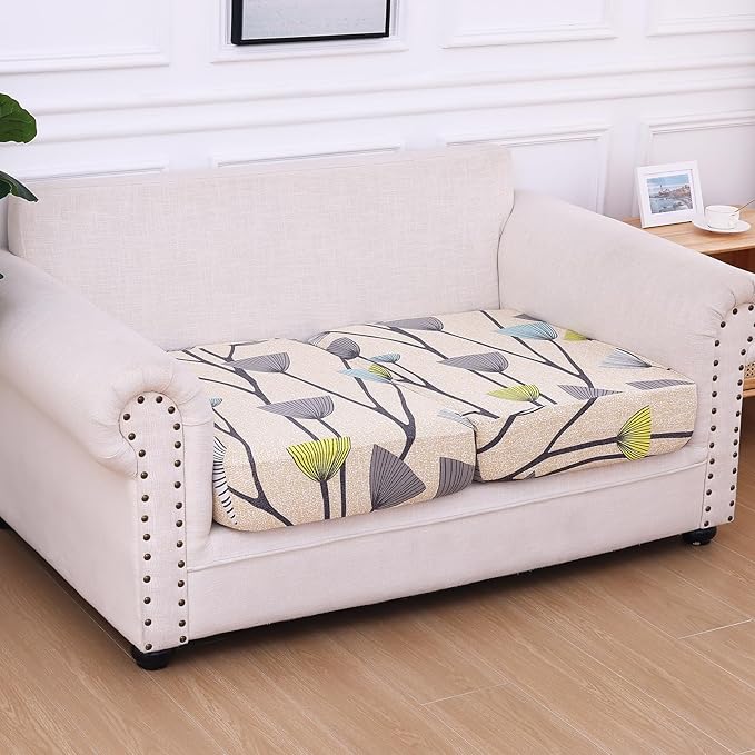hyha Printed Couch Cushion Covers, Floral Sofa Covers Washable for 2 Cushion Couch, Stretch Pattern Outdoor Cushion Covers for Patio Furniture with Elastic Bottom(2 Packs, Dandelion Flower)