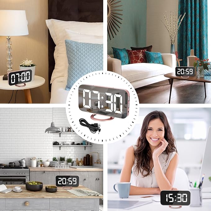 SZELAM Alarm Clock for Bedroom,LED and Mirror Digital Clock Large Display,with Dual USB Charger Ports,Auto Dim,Snooze Mode,Modern Desk/Wall Electronic Clock for Girl Woman Mom Teens - Rose Gold - Image 6