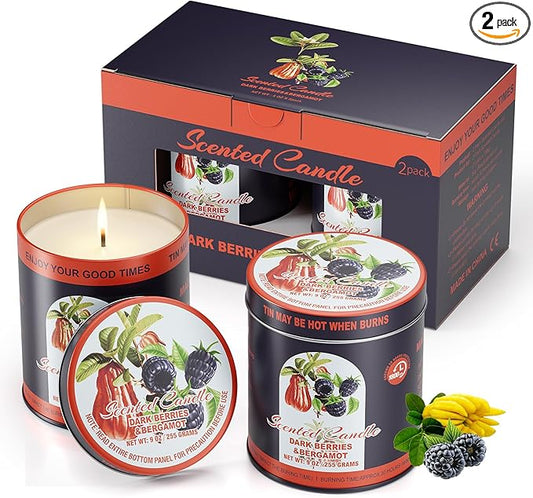 2 Pack Scented Candles (90 Total Burn Hours) - Soy Wax Candles 9 oz Each in Tin - Long Lasting Aromatherapy Candle Gift Set (Dark Berries Bergamot)