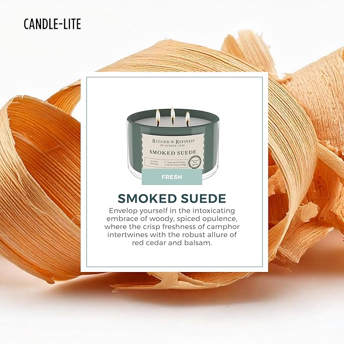 Candle-Lite Scented Candles for Men, Smoked Suede Fragrance, 16.25 oz Jar, 3-Wick, 51 Hours of Burn Time, Masculine Aromatherapy with Long Lasting Scent, Ideal Gift for Father's Day and Home Decor