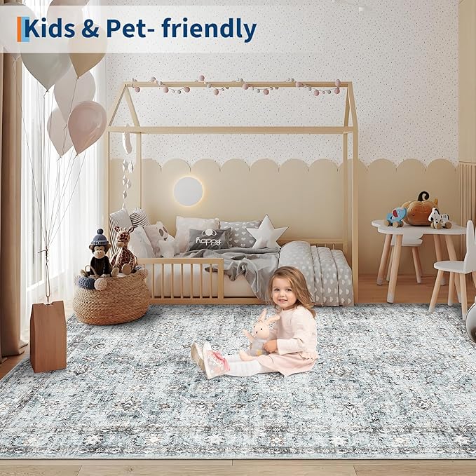 GarveeHome Vintage Floral 5x7 Area Rugs for Living Room, Distressed Oriental Print Non Slip Washable Rugs, Ultra Soft Low Pile Foldable Indoor Carpet for Bedroom Dining Room, Grey and Blue