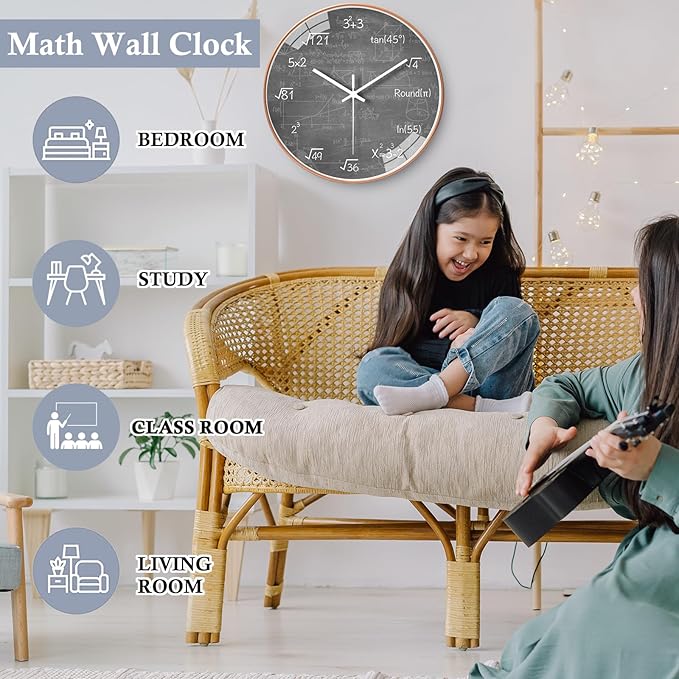 12 Inch Math Wall Clock Silent Non Ticking Movement Quality Quartz Wall Clock for Home/Kitchen/Office/Classroom/School/Living Room Wall Decorations