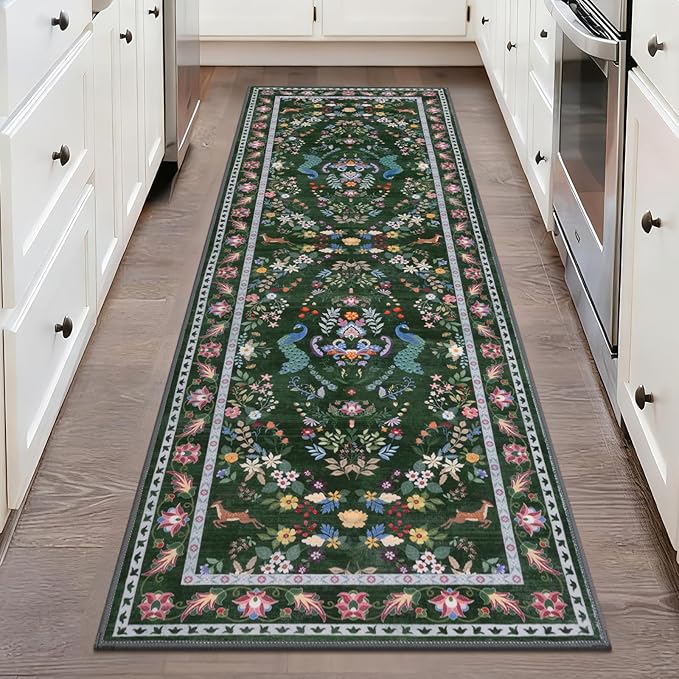 HEBE Washable Hallway Runner Rug 2'x 6' Non Slip Kitchen Rugs Runner,Low Pile Entryway Rug Laundry Room Mat Floral Carpet Runners for Hallways, Kitchen,Bathroom,Laundry,Bedside Rug