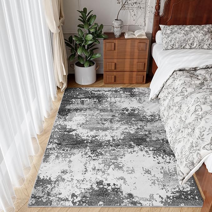 Washable Rug 4x6 Entryway Rugs for Living Room Bedroom Carpet, Grey Indoor Vintage Abstract Boho Large Area Rug Non Slip Faux Wool Rugs for Dorm, Dining Room Table, Nursery, Kids Playroom, Gray