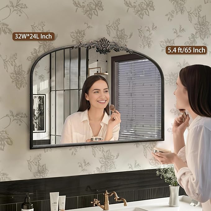 Besdomus Vintage Arched Black Mirror: 32"x24" French Large Vintage Vanity Wall Mirror - Baroque Decorative Traditional Ornate for Living Room/Fireplace/Bathroom- Wall Decor for Interior Designers