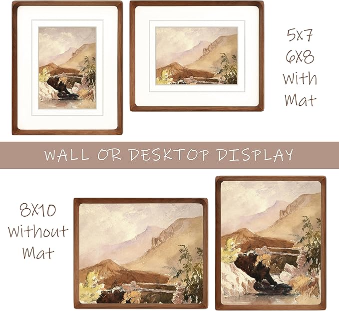 8x10 Picture Frame with Mat for 5x7/6x8, Natural Walnut Wood Handcrafted Rounded Corner with Real Glass, Vertical or Horizontal Display Photo Gallery Wall & Tabletop Frame