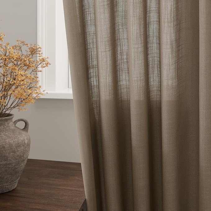 Dark Taupe Linen Curtains 96 Inches Long for Living Room 2 Panels Back Tab Pocket Semi Sheer Privacy Light Filtering Modern Farmhouse Curtains Flax Linen Bedroom Curtain Drapes for Bedroom 40x96