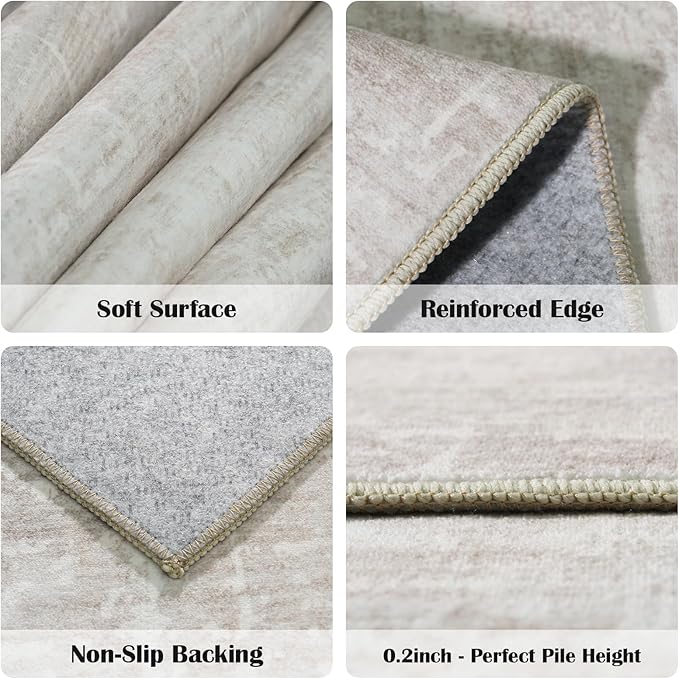 2x12 Washable Hallway Runner Rug - Modern Abstract Neutral Long Carpet with Non-Slip Backing Low-Pile Stain-Resistant Thin Runners for Kitchen Bathroom Bedroom Entryway (2x12, Beige)