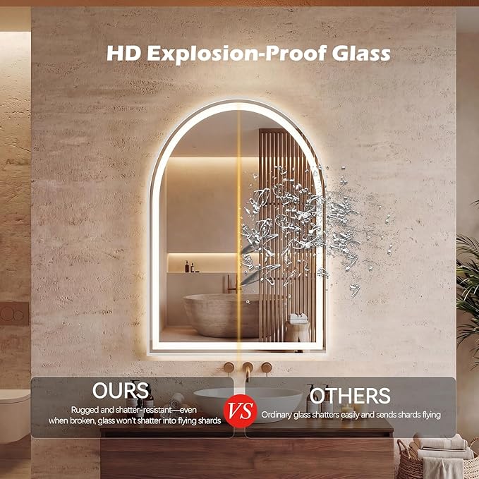 Sweetcrispy 20“×28” LED Bathroom Backlit Mirror with Lights, Arched Vanity Mirror with Anti-Fog, Dimmable, 3-Color Light, Memory Function, Tempered Glass