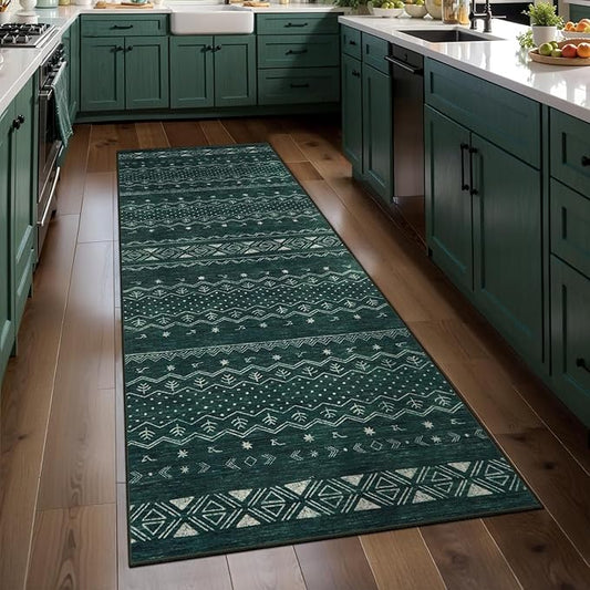 SERISSA 2x5 Kitchen Runner Rug, Washable Non-Slip Dark Green Boho Rug, Soft Low-Pile Geometric Indoor Carpet for Hallway Laundry Room Bathroom Bedroom Entryway