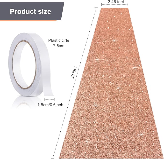 Tatuo Carpet Runner 2.46 x 30 ft Runway Rug 55 GSM Thickness with Carpet Tape for Prom Graduation Wedding Outdoor Indoor Hallway Movie Party Decoration Rug(2.46 x 30 Feet,Glitter Rose Gold)
