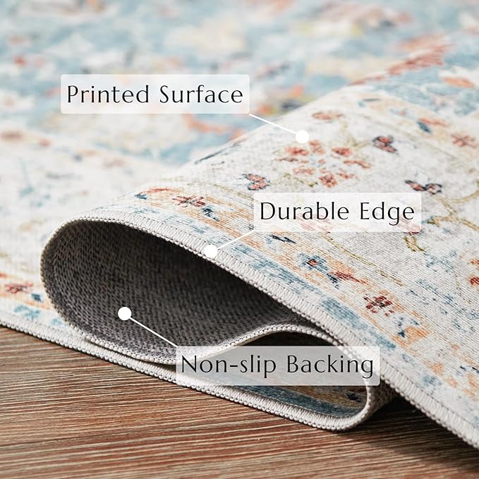 jinchan Area Rug 3x5 Entryway Rug - Washable Vintage Boho Floral Floor Cover Lightweight Low Pile Indoor Doormat Thin Non-Slip Carpet for Kitchen Living Room Bedroom Dining Room Office Light Blue