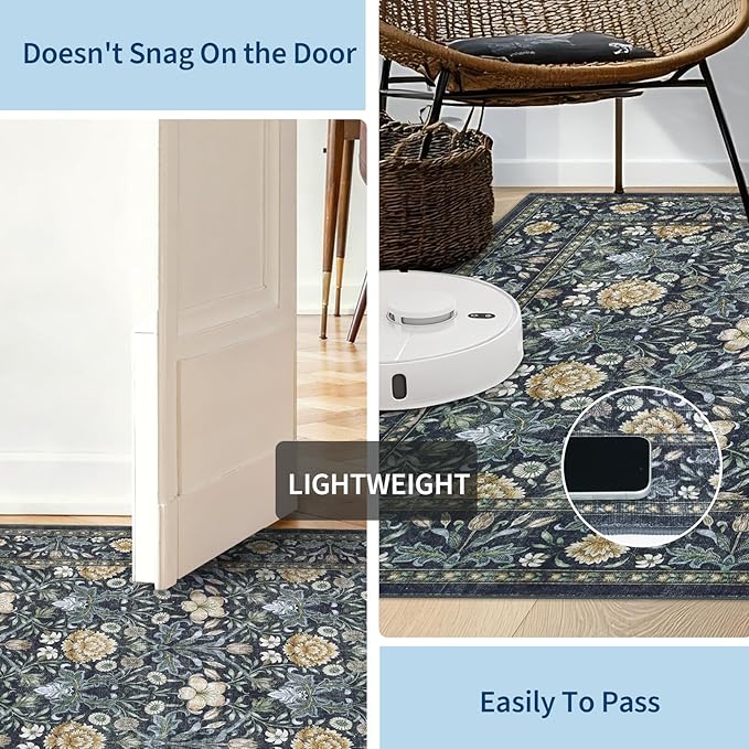 GarveeHome Washable Area Rug 5x7, Retro Floral Low Pile Non Slip Living Room Rug Soft Cottage Core Rug Farmhouse Indoor Carpet for Bedroom Dining Room Playroom