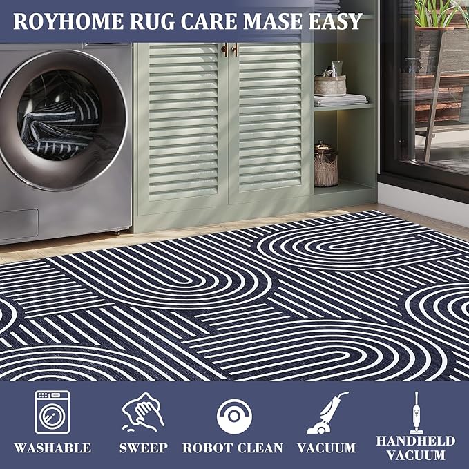 ROYHOME Washable Rug 4x6 Area Rugs for Living Room, Abstract Rug for Bedroom, Soft Rainbow Non Slip Throw Rugs with Rubber Back, Low Pile Stain Resistant Boho Geometric Carpet for Dining Room, Blue